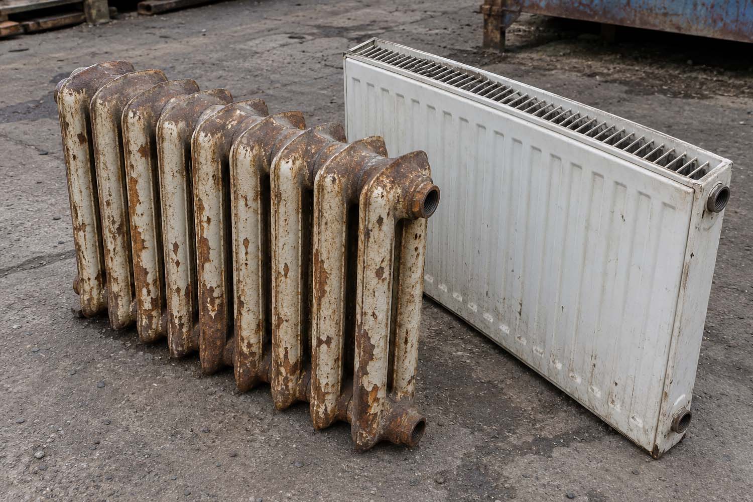 Żeliwny grzejnik żeberkowy obok stalowego grzejnika płytowego